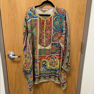 Johnny Was 100% silk colorful Tunic with Green, Teal, Red and Yellow Accents